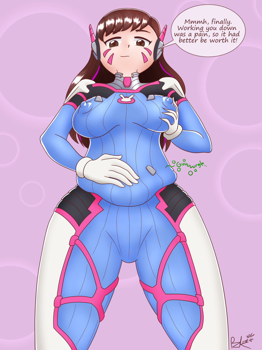 asian asian_female blizzard_entertainment bodysuit brown_eyes brown_hair d.va face_markings female gloves headset medium_breasts mei_(overwatch) nipple_bulge overwatch panzerpunk vore