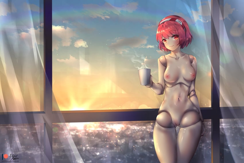 1girls absurdres aged_up android bedroom blush bob_cut breasts casual city cityscape cloud coffee coffee_cup cup curtains cute disposable_cup dorothy_haze drink female foxy_rain_(foxyreine) foxyrain_(foxyreine) foxyreine fringe hair_ornament hairband highres indoors looking_at_viewer medium_hair naked navel nude nudist older pale_skin panties pink_eyes pink_hair pussy rainbow red_eyes red_hair ribbon robot robot_girl robot_joints short_hair skinny sky smile solo steam sun sunlight sunrise sunset teenager underwear va-11_hall-a white_skin window