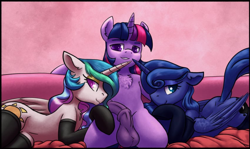 2019 alicorn animal_genitalia animal_penis balls chest_tuft chromaskunk clothing cutie_mark equid equine_penis eyeshadow female friendship_is_magic group hi_res horn horsecock legwear looking_at_viewer makeup mammal my_little_pony penis princess_celestia_(mlp) princess_luna_(mlp) purple_eyes purple_penis rule_63 sibling sister sisters smile tuft twilight_sparkle_(mlp) unicorn wings yoditax