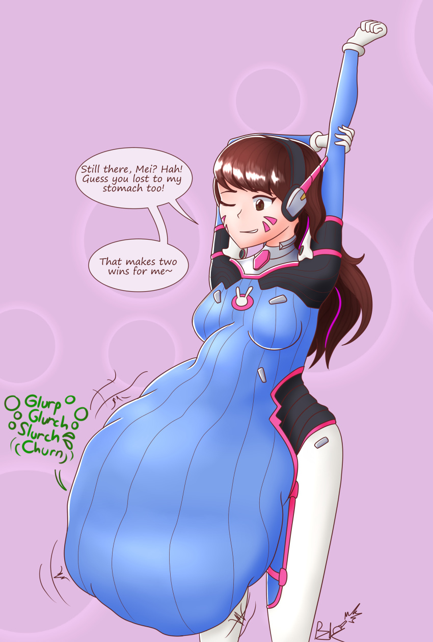 asian asian_female blizzard_entertainment bodysuit brown_eyes brown_hair d.va face_markings female gloves headset medium_breasts mei_(overwatch) overwatch panzerpunk vore