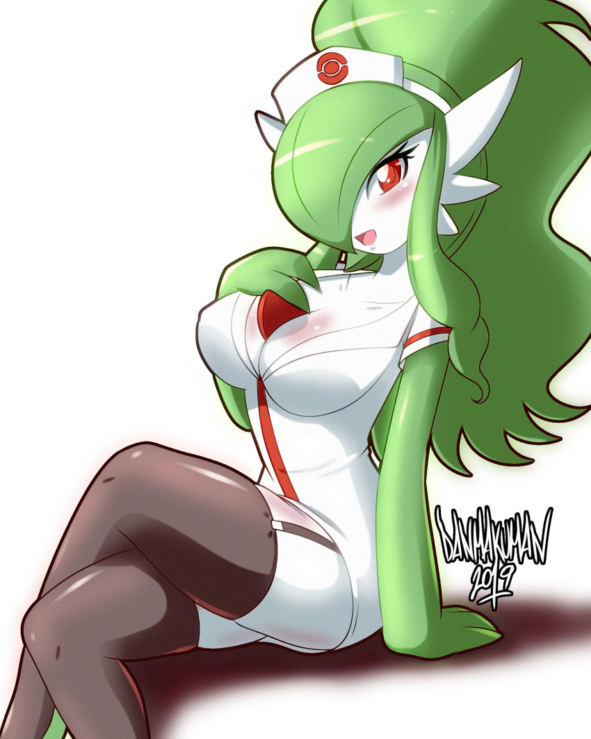 1girls alternate_hairstyle anthro anthrofied ass breasts clothed cosplay cosplay_gardevoir danmakuman female female_only gardevoir hilda_(pokemon)_(cosplay) looking_at_viewer nintendo nurse original_character pokemon pokemon_(species) pokemon_rse ponytail sitting solo