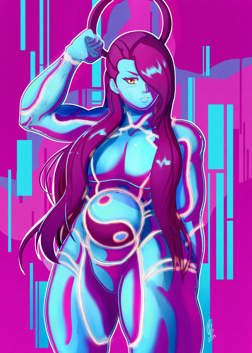 1girls 2019 alternate_color alternate_hair_color android arms_behind_back belly benbeau biceps big_breasts blue_skin canon_genderswap capcom crotch female female_only flexing gender_transformation genderswap_(mtf) glowing glowing_eyes hair hair_over_one_eye huge_breasts huge_thighs lips long_hair muscle muscles muscular muscular_female neon no_nipples no_pussy posing purple_hair raised_arm raised_eyebrows robot rule_63 seth_(sfv) seth_(street_fighter) shiny shiny_hair solo stomach street_fighter street_fighter_v thick_thighs thighs twitter_username yellow_eyes yellow_sclera yin_yang ying_yang_symbol