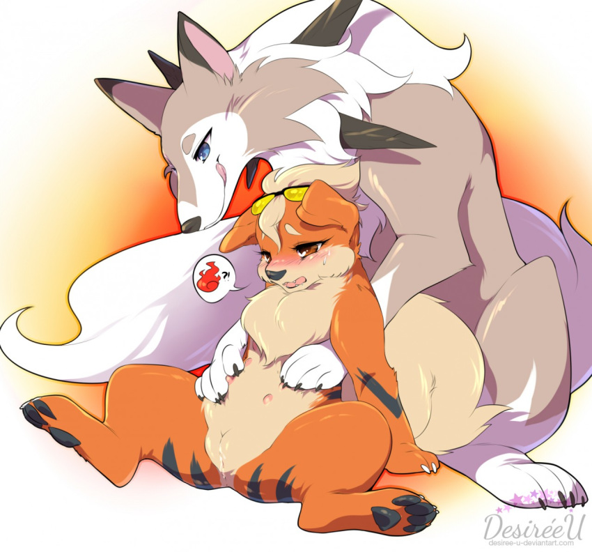 blush bodily_fluids brown_eyes canine clothed clothing comic desireeu duo eyewear female feral fire fur gender_transformation genital_fluids glasses growlithe hair heat human jaki-kun_(character) lycanroc male mammal markings midday_lycanroc multi_nipple nintendo nipples open_mouth original_character pokémon_(species) pokemon pokemon_(species) pokemon_rgby pokemon_sm pussy transformation video_games