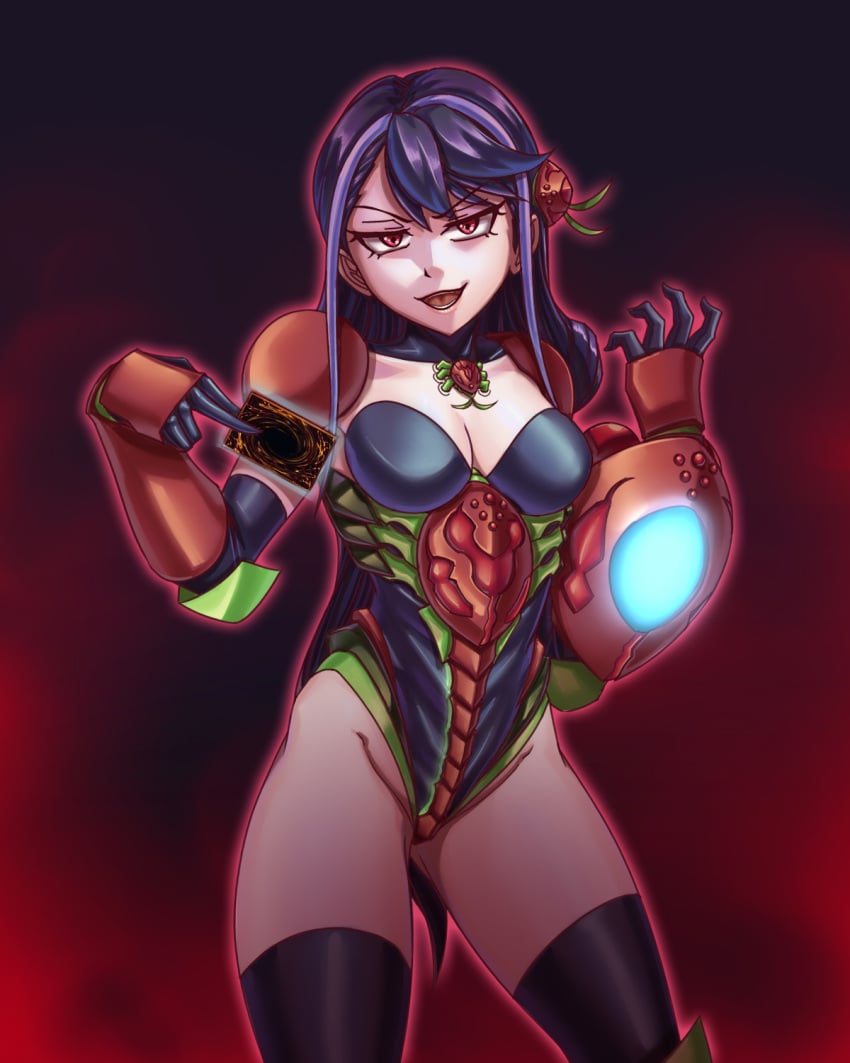 black_hair breasts card corruption evil_smile female kurosaki_ruri leebigtree legwear leotard long_hair looking_at_viewer lulu_obsidian purple_hair red_eyes solo yu-gi-oh! yu-gi-oh!_arc-v