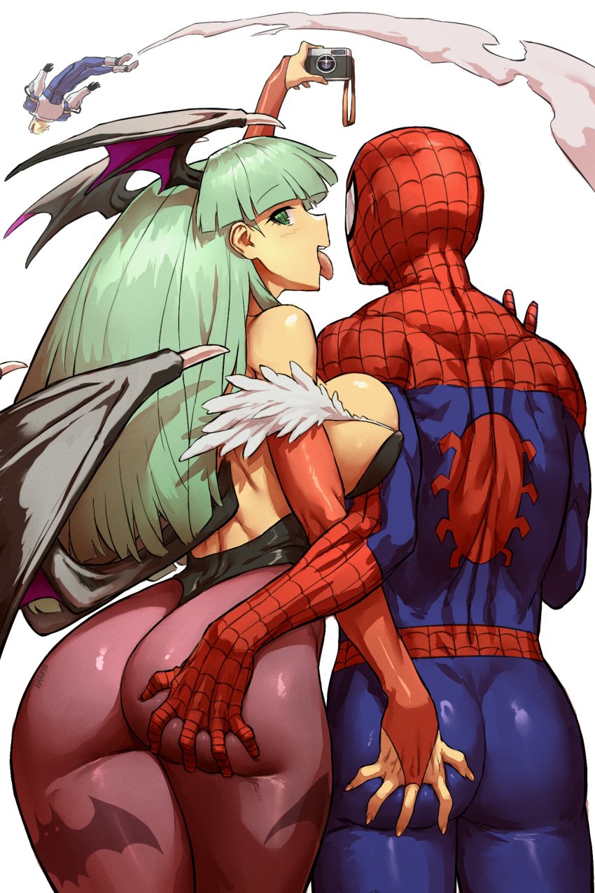 1boy 1girls 1other ass ass_grab big_ass big_breasts boyfriend-girlfriend breasts camera capcom captain_commando captain_commando_(character) couple crossover darkstalkers eastern_and_western_character female from_behind grabbing_ass grabbing_from_behind green_eyes green_hair haraya head_wings huge_ass large_ass large_breasts leotard long_hair male marvel marvel_comics marvel_vs._capcom morrigan_aensland mutual_ass_grab pantyhose peter_parker selfie spider-man spider-man_(series) straight succubus taking_picture wholesome wings