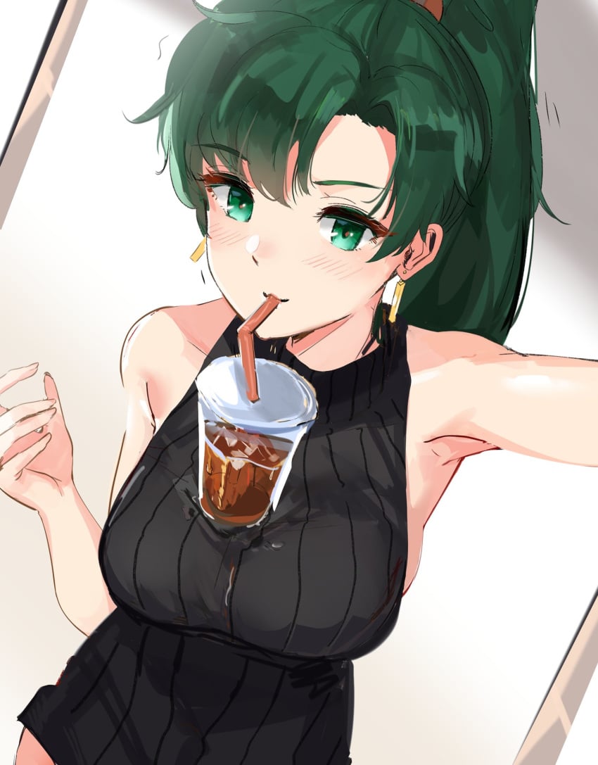 bare_shoulders bubble_tea_challenge condensation drinking fire_emblem fire_emblem:_the_blazing_blade lyn_(fire_emblem) lyndis_(fire_emblem) ormille virgin_killer_sweater wet_clothes