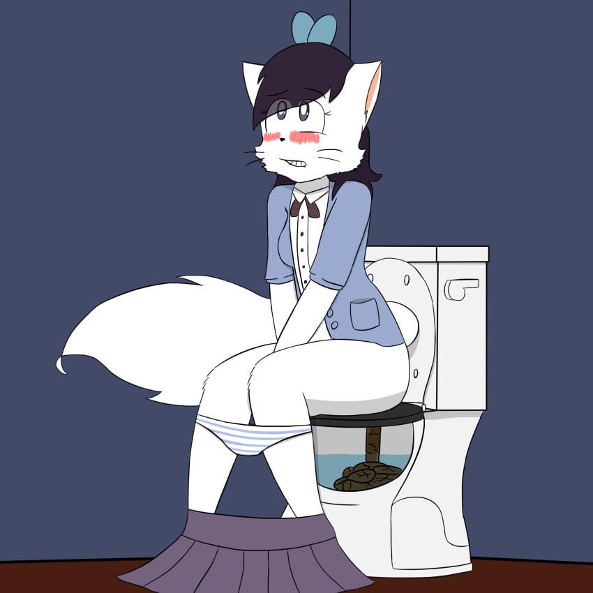 1:1 2019 anthro bathroom bittersweet_candy_bowl black_hair blush bow clothed clothing domestic_cat feces felid feline felis female fur hair hi_res jacket mammal notmypornaccount panties sandy_(bcb) scat simple_background sitting skirt solo teenager toilet toilet_use topwear underwear water webcomic white_fur young