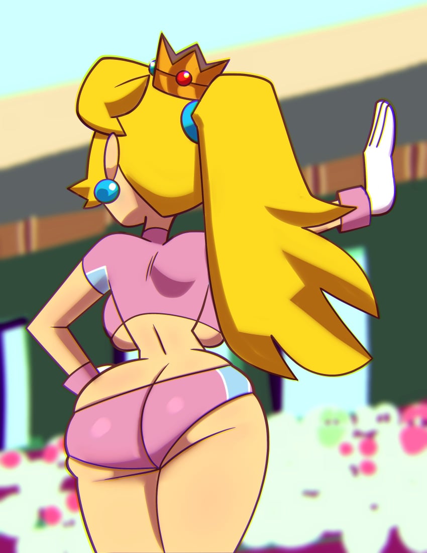 1girls ass big_ass big_breasts blonde_hair breasts bubble_butt canonical_scene clothing crown dat_ass fat_ass female female_only huge_ass jersey large_ass mario_(series) mario_strikers mario_strikers_peach_back_view_redraw_(meme) monamania pink_shorts princess_peach rear_view shorts solo sportswear thick_ass thick_thighs underboob wide_hips