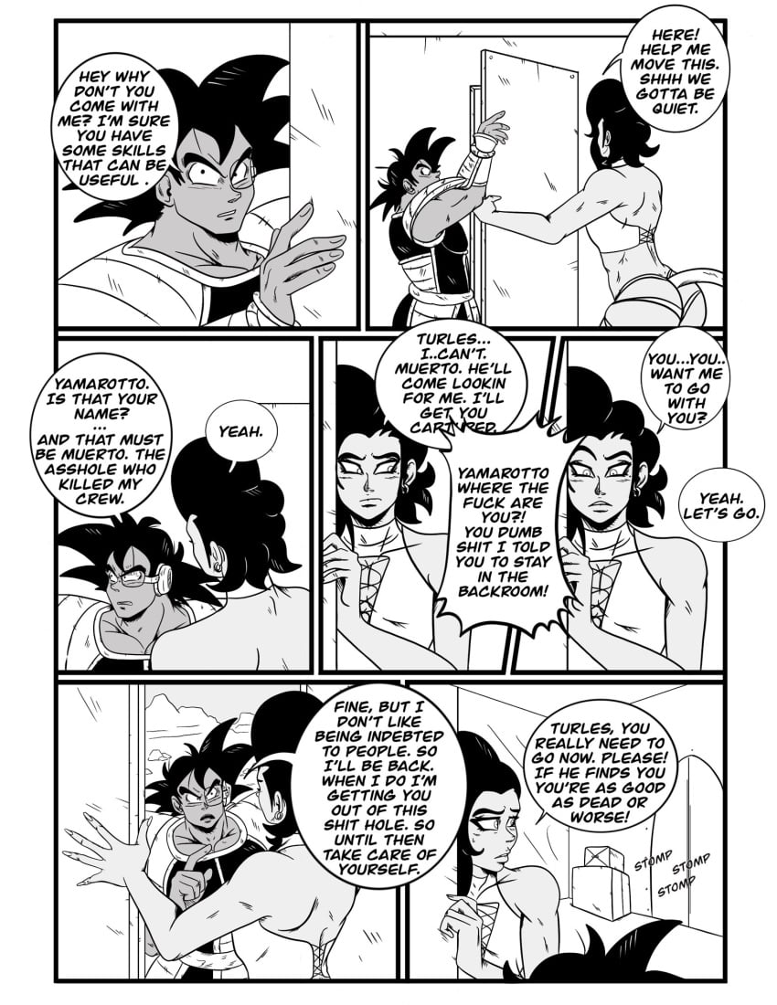 2boys black_and_white comic comic_page crossdressing dialogue dragon_ball dragon_ball_z femboy feminine_male male_only original_character saiyan speech_bubble turles ukevegeta13 yam_(ukevegeta13)