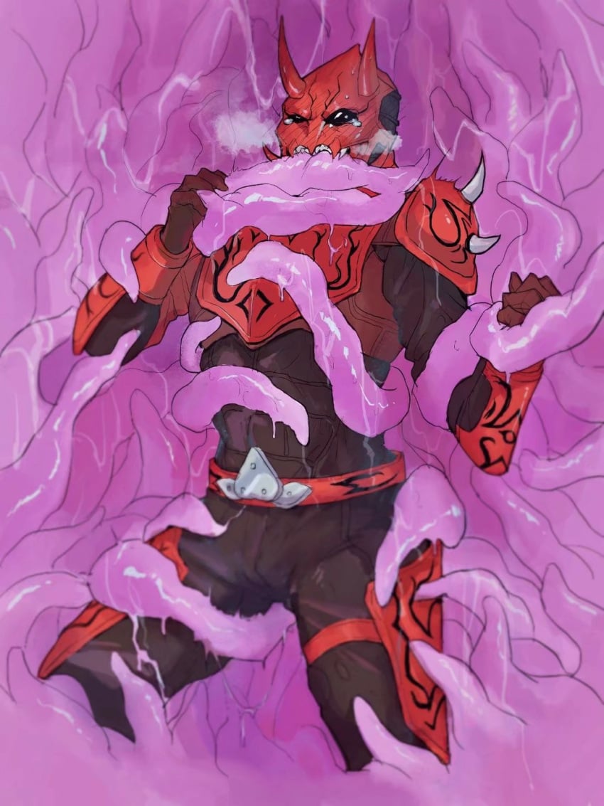 1boy 2_horns bite biting black_eyes blush blush_lines blushing_male crying demon grabbing heavy_breathing humanoid imagin kamen_rider kamen_rider_den-o_(series) male male_focus male_only momotaros oni red_body slime struggling struggling_to_get_out sweatdrop tears tears_in_eyes tentacle tentacle_bite tentacle_grab tentacle_pit tentacle_slime tentacles_on_male trapped