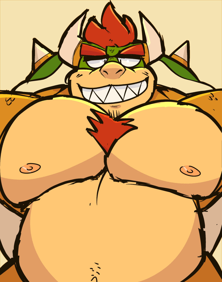 1boy 1male big_pecs bowser chubby gay hairy_chest highres janjauwu male male_only mario_(series) sharp_teeth unknown_source