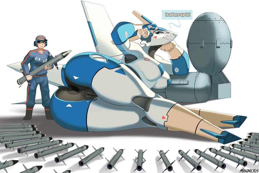 aeromorph aircraft airplane anthro ass atomic_bomb big_breasts big_butt bomb breasts bulge clothed clothing dialogue duo explosives fat_man_(bomb) female fully_clothed hi_res human jumpsuit larger_female living_aircraft living_machine living_vehicle lying machine magnetus male male/female mammal missile nuclear_bomb nude nuke on_side seductive size_difference smaller_human smaller_male text thick_thighs vehicle wide_hips