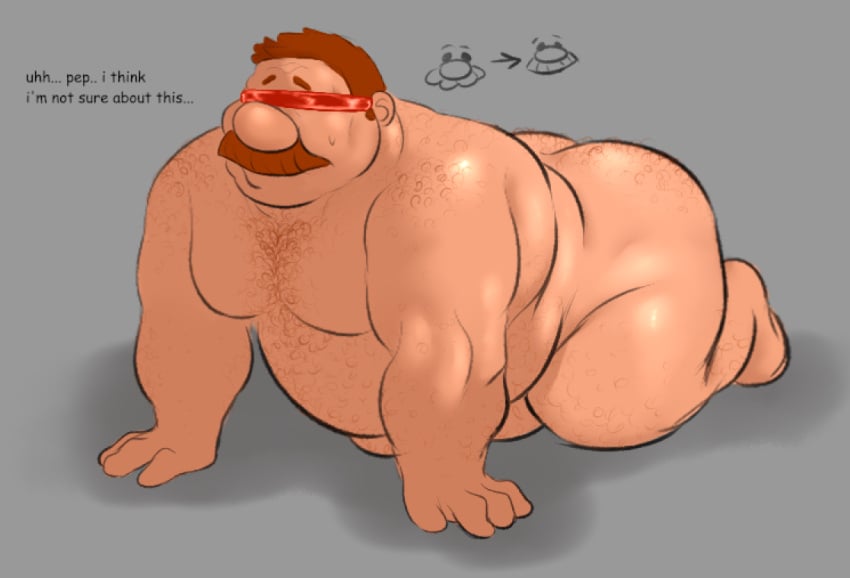 1boy big_moobs big_nose brown_hair dwarf eyes_covered fat fat_ass fat_man gustavo_(pizza_tower) hairy hairy_ass hairy_chest hairy_legs hairy_male male male_only moobs moustache muscle nervous obese obese_male overweight overweight_male pizza_tower sweatdrop tute_bear