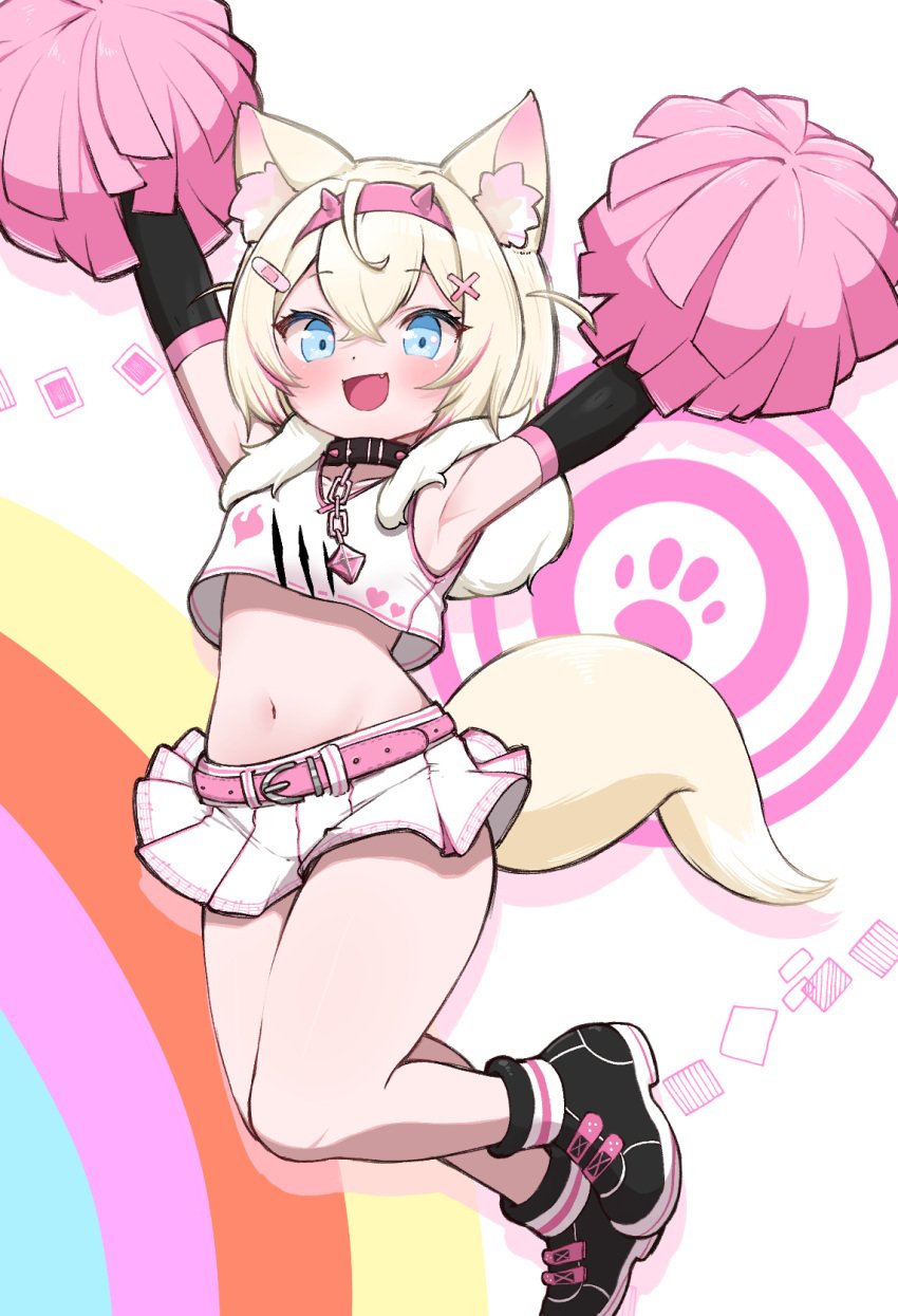 :d adapted_costume alternate_costume animal_ear_fluff animal_ears armpits arms_up bandaid bandaid_hair_ornament belt blonde_hair blue_eyes blush cheerleader collar crossed_bangs dog_ears dog_girl dog_tail elbow_gloves female gloves hair_ornament highres hololive hololive_english kani_bonara looking_at_viewer microskirt mococo_abyssgard mococo_abyssgard_(1st_costume) navel oerba_yun_fang pink_belt pleated_skirt pom_pom_(cheerleading) short_hair skirt smile solo stomach tail virtual_youtuber white_background white_skirt x_hair_ornament