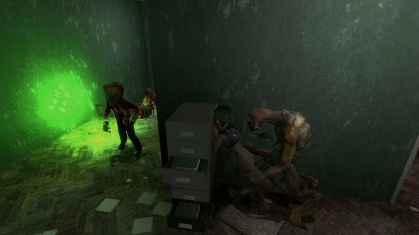 1boy 1girls bangs duo filing_cabinet foreplay glow_sticks glowing_eyes green_hair green_skin half_life_2 muneman paper red_eyes short_hair straight vortigaunt zombie zombies