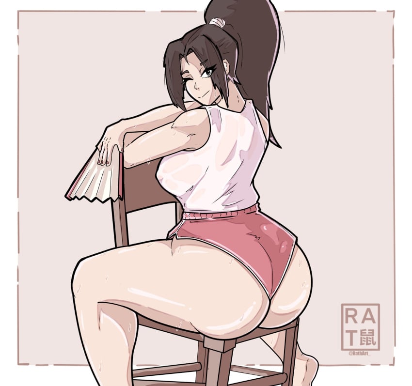 1girls ;) areolae athletic_female big_ass big_breasts big_butt black_eyes bottom_heavy brown_hair bubble_butt caked_up capcom casual chair dat_ass dumptruck_ass fat_ass fatal_fury huge_ass japanese_female king_of_fighters light-skinned_female light_skin looking_back mai_shiranui minishorts nipples_visible_through_clothing painted_nails pink_shorts ponytail rathart rear_view round_ass shorts simple_background sitting smile smiling smiling_at_viewer snk street_fighter street_fighter_6 sweat sweatdrop tank_top thick_thighs thunder_thighs toned toned_female transparent_clothing video_games voluptuous voluptuous_female wide_hips wink winking winking_at_viewer