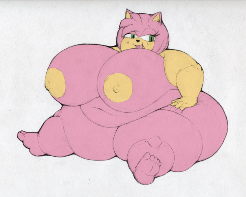 accessory amy_rose arkveveen_(artist) barefoot belly big_breasts breasts eulipotyphlan eyelashes fat feet female green_eyes headband hedgehog huge_breasts mammal navel nipples obese open_mouth overweight pink_body sega smile solo sonic_(series) sonic_the_hedgehog_(series) squish thick_thighs third-party_edit