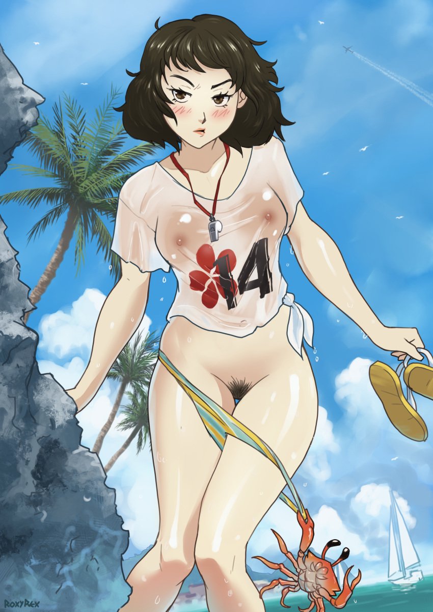 1girls alternate_version_available assisted_exposure atlus beach bikini bikini_bottom_pull black_hair black_hair_female blue_sky blush blushing boat breasts claws cloud covered_nipples crab crop_top curly_hair curly_hair_female female female_focus female_only female_pubic_hair flip-flops highres holding_sandals knees_together_feet_apart light-skinned_female light_skin megami_tensei nipples nipples_visible_through_clothing ocean palm_tree pantsing persona persona_5 pubic_hair pussy rock roxy_rex roxyrex sadayo_kawakami sandals see-through see-through_shirt sega shirt short_hair short_hair_female sky solo solo_female solo_focus striped_bikini striped_clothes swimsuit swimwear thigh_gap tied_shirt tree wardrobe_malfunction watercraft wet wet_clothes wet_shirt whistle whistle_around_neck