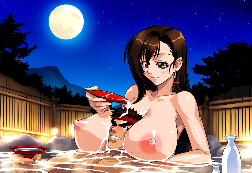 ai_generated crossover final_fantasy_vii head_between_breasts hot_spring huge_breasts in_water looking_at_partner master_and_student moon night onsen pouring_onto_another red_eyes ryu_(street_fighter) sake sake_bottle sake_dish street_fighter tifa_lockhart