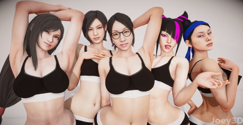 3d 5girls ada_wong ada_wong_(adriana) armpits asian asian_female breasts brown_eyes crossover dark_hair eastern_and_western_character final_fantasy final_fantasy_vii_remake glasses headband honey_select_2 joey3d_(artist) juri_han kei_(ryuu_ga_gotoku) kitana kitana_(mk11) kson_onair looking_at_viewer mortal_kombat mortal_kombat_11 pink_eyes posing resident_evil resident_evil_4 resident_evil_4_remake ryuu_ga_gotoku smile smiling_at_viewer sports_bra street_fighter street_fighter_6 tifa_lockhart tongue_out two_tone_hair underwear white_background