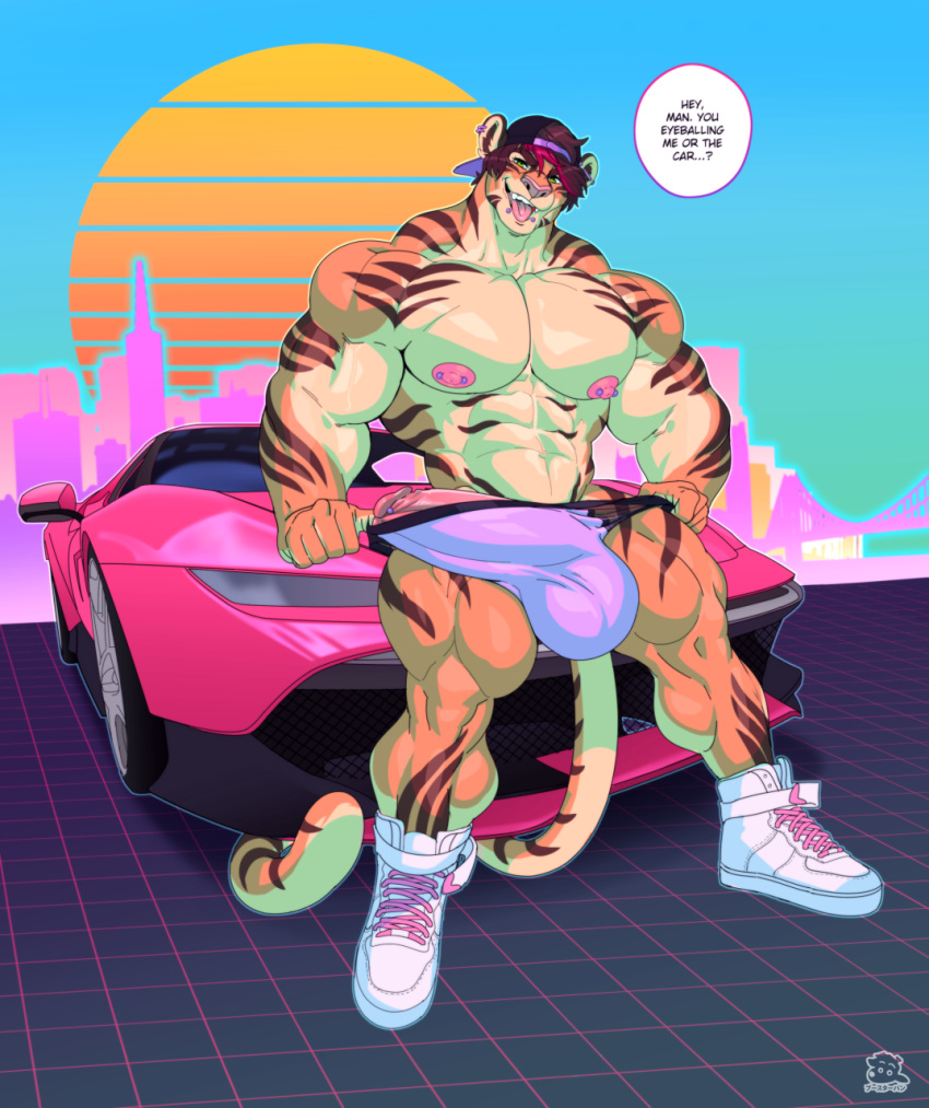 anthro big_bulge big_penis boosterpang bulge car clothing dialogue english_text erection felid footwear hi_res humanoid_penis looking_at_viewer male male_only mammal muscular muscular_male open_mouth pantherine penis penis_outline shoes smile sneakers solo text tiger tongue tongue_out underwear vehicle white_shoes white_sneakers