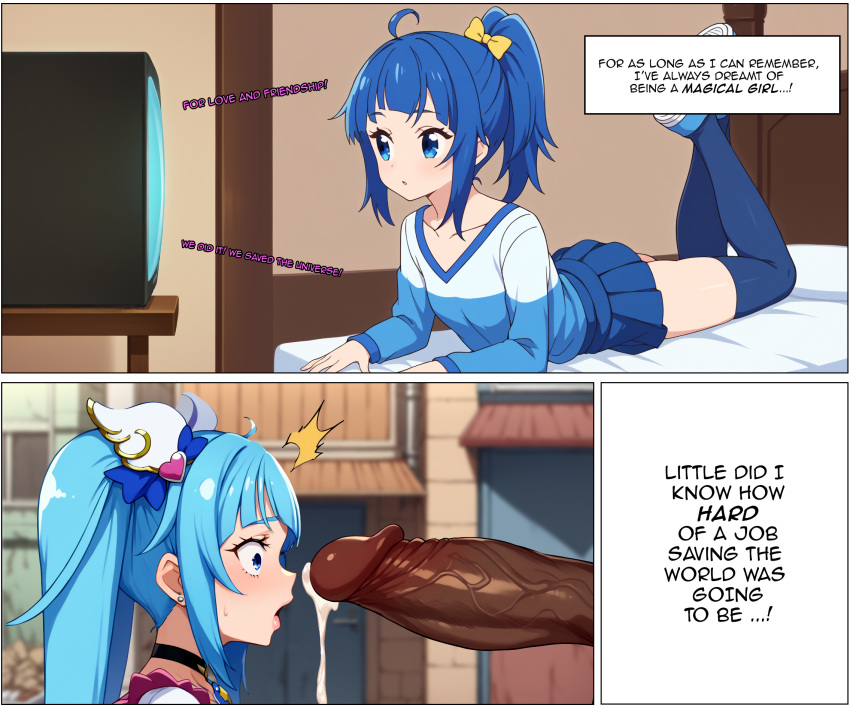 ai_generated before_sex big_penis blue_hair comic comic_page cum cure_sky dark-skinned_male earrings hair_ornament hairbow hirogaru_sky!_precure interracial magical_girl part_of_a_set penis precum precure pretty_cure side_ponytail skirt sora_harewataru television twintails