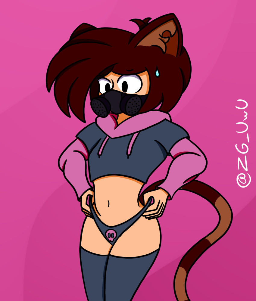 1boy adjusting_clothes artist_name belly_button big_thighs black_eyes brown_hair cat_ears cat_tail eter(zg)_(zg_uwu) face_mask femboy gas_mask hi_res highres male_focus male_only meme meme_clothing neko original_character simple_background simple_shading solo solo_focus tagme thighhighs two_tone_tail underwear white_skin zg_uwu