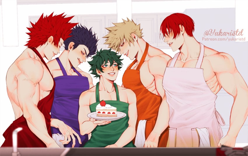 2boys 5boys apron bakudeku bakugou_katsuki bangs black_hair blonde_hair blush bones_(company) burn_scar cake clothing cup curly_hair eijirou_kirishima food freckles frizzy_hair fruit green_apron green_eyes green_hair hadaka_apron harem hitoshi_shinso holding holding_food holding_plate izuku_midoriya katsuki_bakugou kirideku kirishima_eijirou licking_lips looking_at_another male male_focus male_harem midoriya_izuku multicolored_hair multiple_boys muscles muscular muscular_male my_hero_academia open_mouth pectorals plate red_apron red_eyes red_hair scar shindeku shinsou_hitoshi short_hair shounen_jump shouto_todoroki smile spiky_hair strawberry teeth tododeku todoroki_shouto tongue tongue_out white_apron white_background wholesome yaoi yukarietd