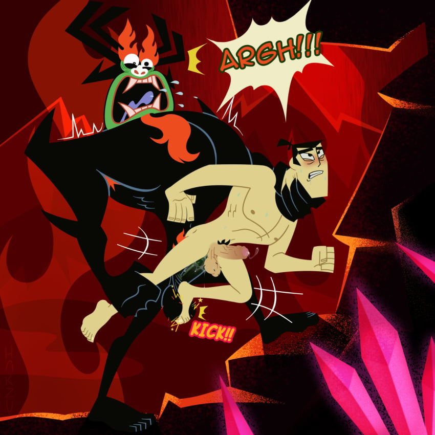 2boys aku anal bara embarrassed erection gay harzu heavy_balls kicking_balls lifting male_only manly nude penis restrained samurai_jack samurai_jack_(character) size_difference spreading tagme yaoi