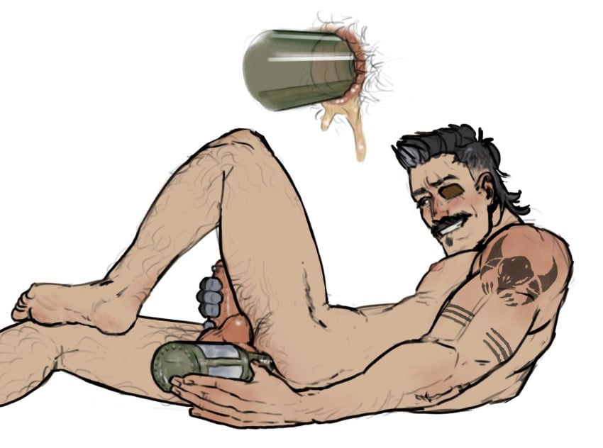 1boy anal anus apex_legends arm_tattoo ass balls bara beer beer_bottle biting_lip black_hair body_hair boofing brown_eyes butt_chugging dick eyepatch facial_hair feet fuse_(apex_legends) gay hairy hairy_anus hairy_ass hairy_legs hairy_male male/male male_only milk_guts_(artist) moustache mullet nipples object_in_ass object_insertion penis prosthetic prosthetic_arm scar solo solo_male tattoo tattooed_arm yaoi