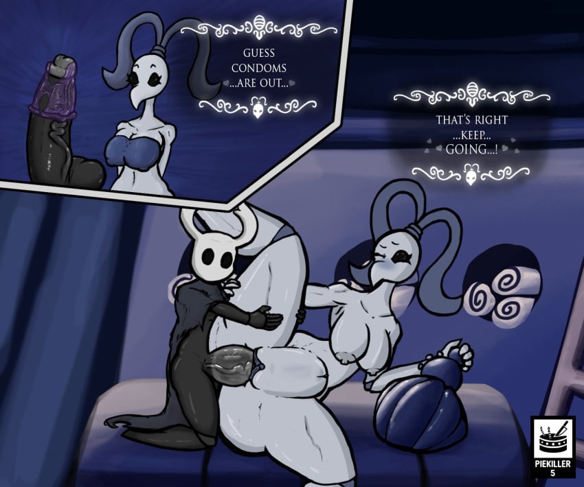 <3 1boy 1girls 2021 anthro big_breasts big_penis black_body black_skin breasts broken_condom bulge comic condom condom_on_penis deep_penetration dialogue empty_eyes female grey_body grey_skin hands_on_thighs hearts hi_res hollow_knight hyper_penis iselda_(hollow_knight) male male/female missionary_position mosquito nude nude_female penetration penis piekiller5 protagonist_(hollow_knight) sex spread_legs spreading stomach_bulge straight table table_sex thick_thighs thighs undressing