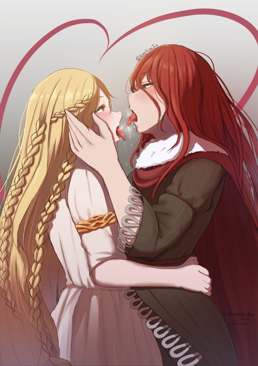 blonde_hair braid braided_hair brother_and_sister demigod demigoddess elden_ring extreme_french_kiss female femboy femboy/female french_kiss french_kissing fromsoftware fully_clothed golden_eyes horny hugging incest kissing kushirojin light-skinned_female light-skinned_male light_skin long_hair long_sleeves looking_at_partner love male/female malenia_blade_of_miquella miquella red_hair red_robe saliva saliva_trail shadow_of_the_erdtree twins very_long_hair white_dress