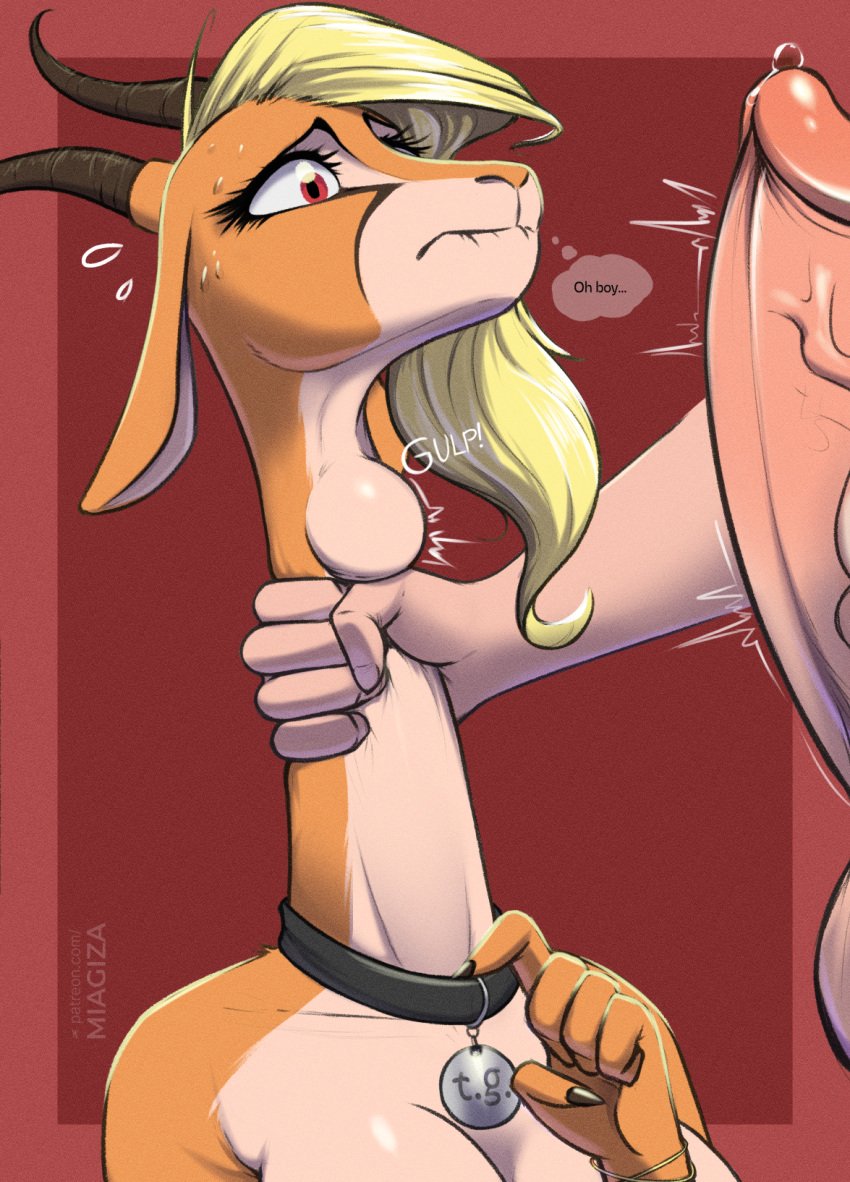 5_fingers antelope anthro antlers asphyxiation balls big_balls big_penis blonde_hair bodily_fluids bovid breasts choking collar collar_tag colored_nails digital_media_(artwork) disney dripping english_text erection female fingers fur gazelle gazelle_(zootopia) genital_fluids genitals hair hand_on_neck hi_res horn huge_cock human human_on_anthro humanoid_genitalia humanoid_hands humanoid_penis imminent_oral interspecies jewelry long_nails long_neck male_human/female_anthro mammal miagiza nails nervous onomatopoeia partial_male penis precum precum_drip simple_background solo sound_effects swallowing sweat text thick_penis thought_bubble tugging_collar vein veiny_penis worried zootopia