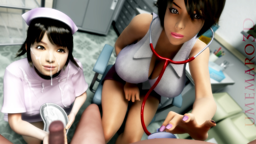 2girls 3d big_breasts big_penis breasts brown_hair bukkake cleavage cum cum_on_face doctor doctor_on_patient handjob huge_breasts kneeling koyanagi_ai lewd_consultation_room nurse nurse_on_patient penis pink_lips pink_nails semen shoko_sugimoto sitting stethoscope suntan threesome umemaro umemaro_3d unprofessional_behavior