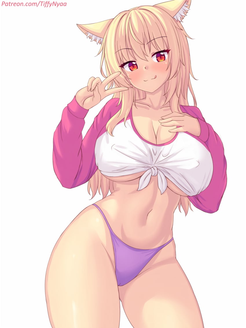 1female 1girl 1girls big_boobs big_breasts big_tits blonde_hair blush boobs breasts cat_ears catgirl female female_only large_breasts light-skinned_female light_skin long_hair neko nekogirl nipples_visible_through_clothing panties pantsu patreon patreon_username purple_thong red_eyes solo solo_female thick_thighs thong tiffy tiffynyaa tits v_sign violet_thong voluptuous_female wide_hips