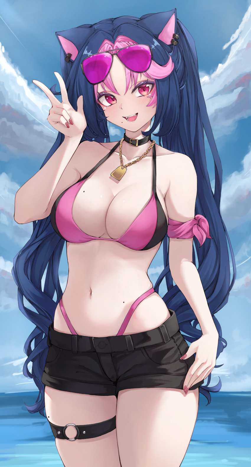 1girls 2024 2d 2d_(artwork) alternate_costume alternate_hairstyle animal_ears belly_button big_breasts bikini bikini_bottom bikini_top blue_hair blush bra catgirl cleavage clouds day ear_piercing female female_focus female_only front_view high_resolution highres hourglass_figure latam_virtual_youtuber light-skinned_female light_skin long_hair long_pigtails minishorts mole mole_on_breast mole_on_thigh mole_under_eye mole_under_mouth navel ocean official_alternate_costume open_mouth outdoors panther_ears panther_girl pigtails pink_bikini pink_bikini_bottom pink_bikini_top pink_eyes pink_hair pink_nails pink_sunglasses pink_swimsuit shironagase shura_hiwa sky slim_girl smiling smiling_at_viewer solo solo_female solo_focus standing summer sunglasses sunglasses_on_head swimsuit thong thong_bikini two_piece_swimsuit two_tone_hair victory_sign virtual_youtuber vjin vtuber vtuberfanart water young younger_female