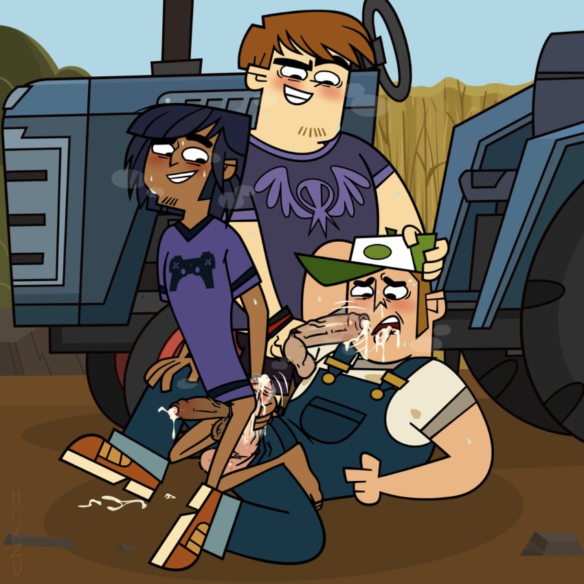 3boys anal blowjob body_hair brothers cartoony chet_(tdi) farmer forced foreskin gay harzu incest lorenzo_(tdi) male_focus male_rape_victim outdoors overalls penis_grab size_difference step-incest straddling style_parody total_drama_island tractor yaoi