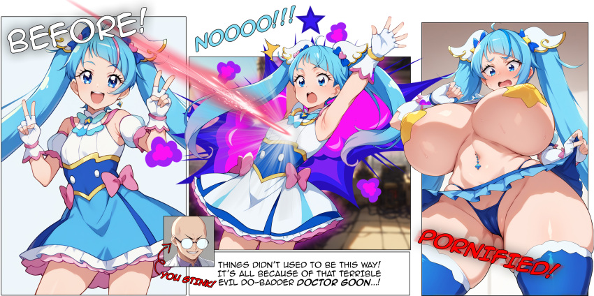 ai_generated blue_eyes blue_hair cameltoe comic comic_page cure_sky double_peace_sign earrings english_text hair_ornament hirogaru_sky!_precure huge_breasts laser navel_piercing part_of_a_set peace_sign precure pretty_cure shocked_expression skindentation sora_harewataru star_pasties wide_hips