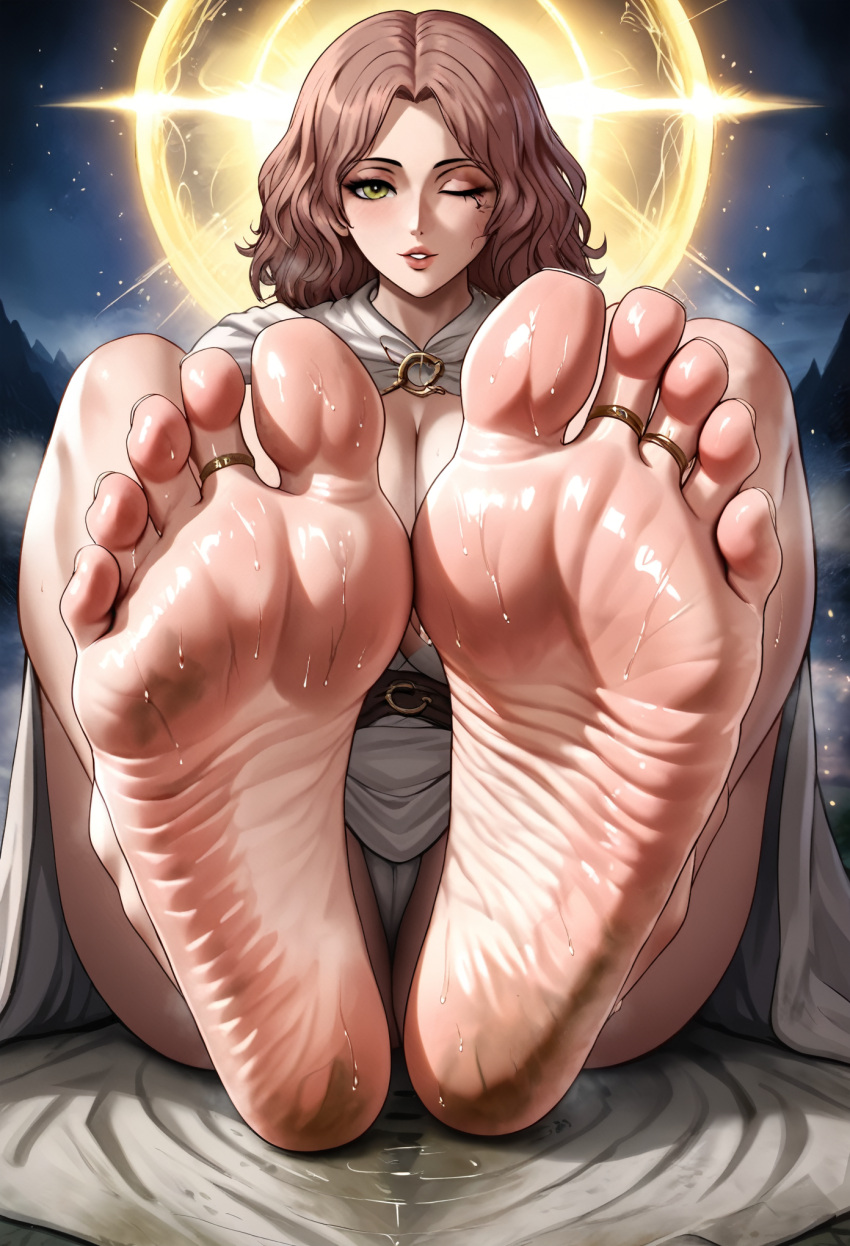 ai_generated bandai_namco barefoot brown_hair close_up_feet closeup dirty_feet dirty_soles elden_ring feet foot_fetish foot_focus foot_worship fromsoftware melina_(elden_ring) night one_eye_closed panties scarlethblood soles sweaty toe_ring toes wet wet_feet wrinkled_feet wrinkled_soles