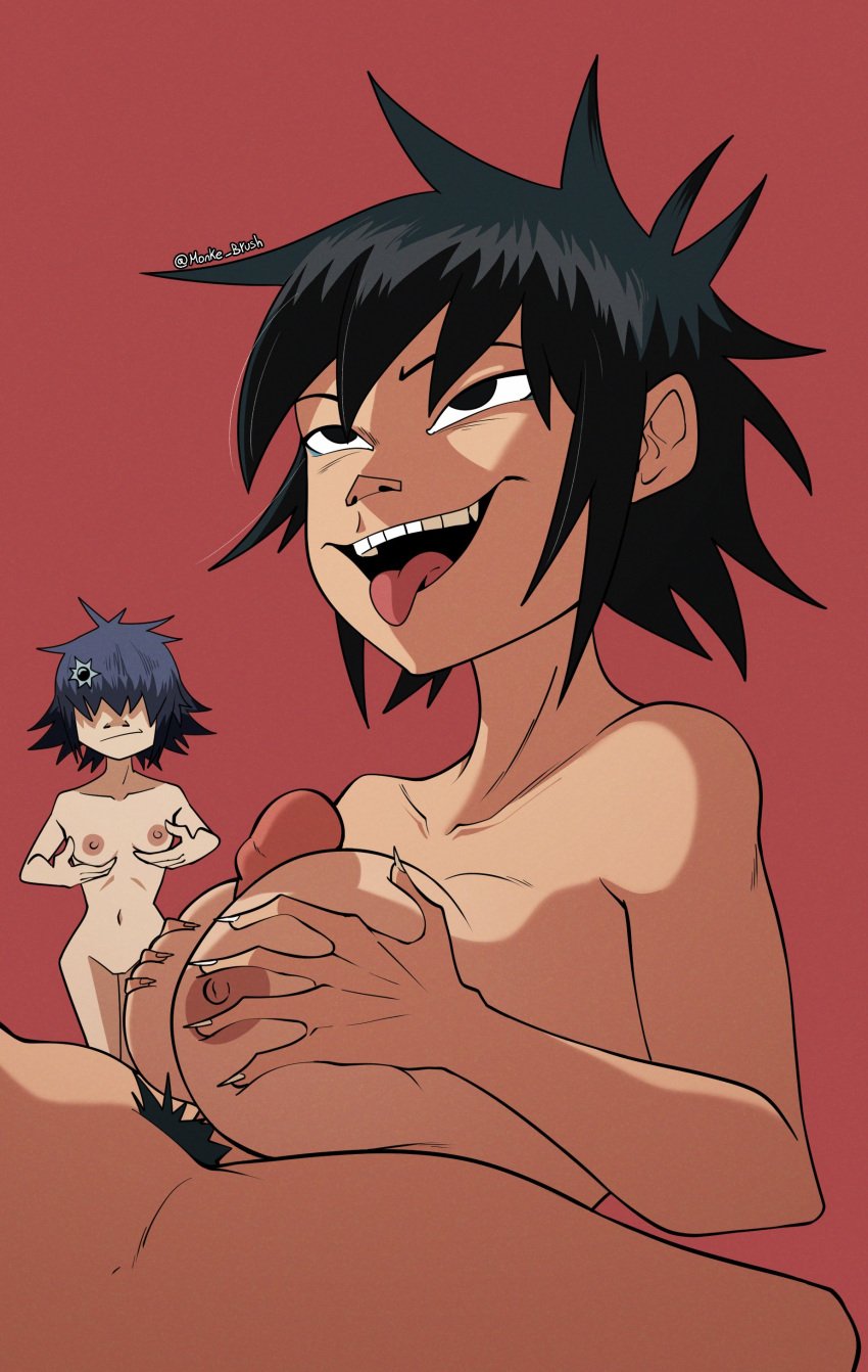 2d 2d_(artwork) 2d_artwork absurd_res android asian_female ass big_breasts black_hair breast_envy breasts cyborg_noodle envy female gorillaz gynoid hair hair_over_eyes hi_res jealous looking_at_partner male monke_brush nipples noodle_(gorillaz) paizuri penis pubes small_breasts tongue tongue_out