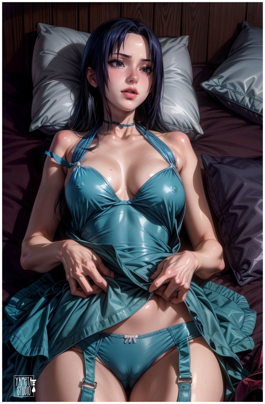 ai_generated black_hair blue_hair embarrassed fanart female female housewife lace lace-trimmed_bra lace-trimmed_panties lingerie lingerie_only long_hair looking_at_viewer milf mother naruto naruto_(classic) naruto_(series) naruto_shippuden on_back on_bed sex uchiha_mikoto wife woman_only yametastudio