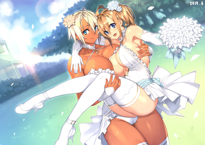 2019 2girls big_breasts bouquet breasts bridal_gauntlets bride cleavage covered_nipples dark-skinned_female dark_skin dress female female_only high_heels large_breasts looking_at_viewer muscular_female original panties sela_(sela_god) sela_god smile thighhighs ursula_(sela_god) wedding_dress wedding_lingerie wedding_ring white_dress white_footwear white_gloves white_legwear white_panties wholesome wife_and_wife yuri