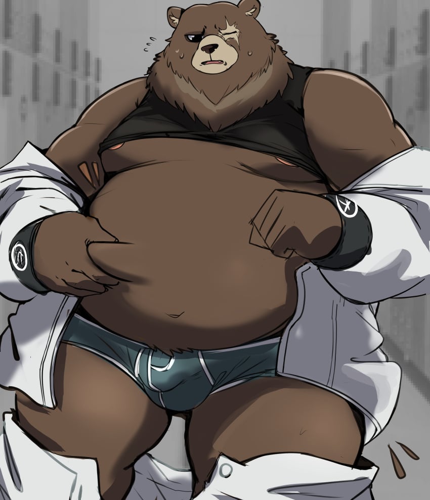 2024 absurd_res anthro bear belly ben_bigger big_belly black_nose bottomwear bottomwear_down bulge clothed clothing hi_res kemono male male_only mammal mihoyo moobs nipples overweight overweight_male pants pants_down partially_clothed raised_clothing raised_shirt raised_topwear scar shirt solo solo_male surprised tappe124 topwear underwear zenless_zone_zero