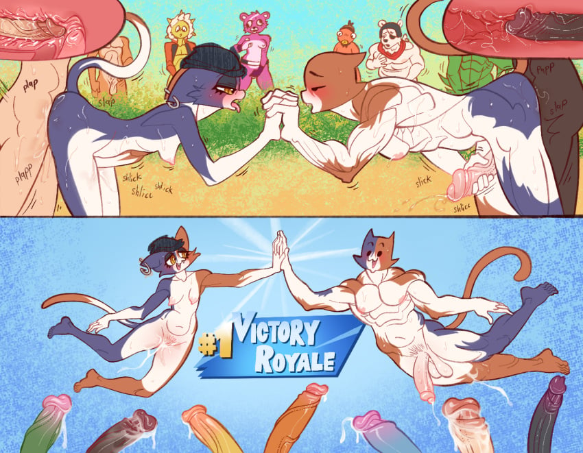 anal anthro balls blush bodily_fluids comic cuddle_team_leader cum duo epic_games erection female fortnite gay genital_fluids genitals internal kaboozey male male/female male/male masturbation meow_skulls_(fortnite) meowscles open_mouth penis pubes pussy sunspot_(fortnite) sweat tongue tongue_out vaginal_fluids vaginal_penetration