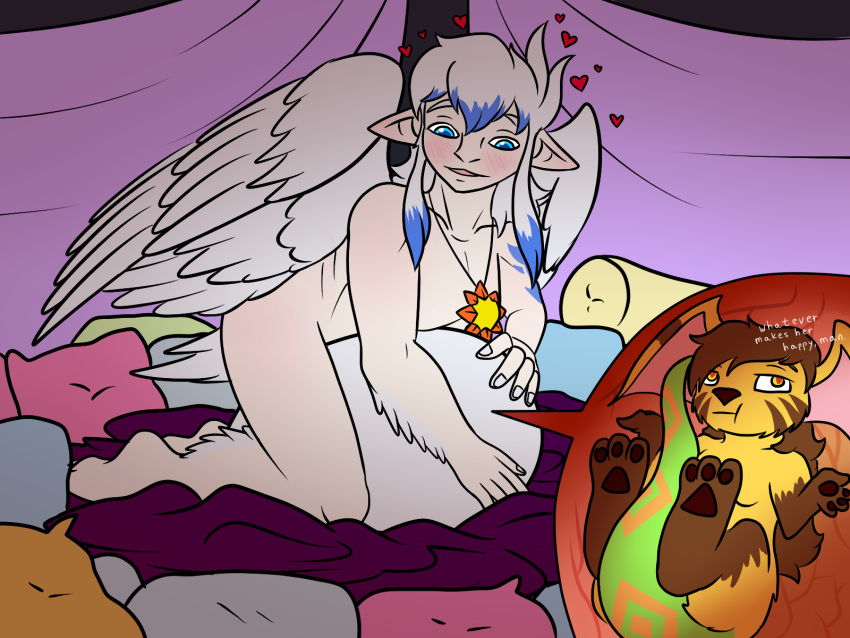 angel anthro bedding blanket blue_eyes blush duo egg egg_transformation english_text feathered_wings feathers female female/female gesture heart_symbol hi_res highlights_(coloring) humanoid humanoid_pointy_ears internal jakkai kieri_suizahn nest pillow rhea_snaketail sandentwins shrug slightly_damned sun_pendant tattoo text unbirthing vaginal_penetration vore white_hair willing_pred willing_prey wings x-ray xray_view