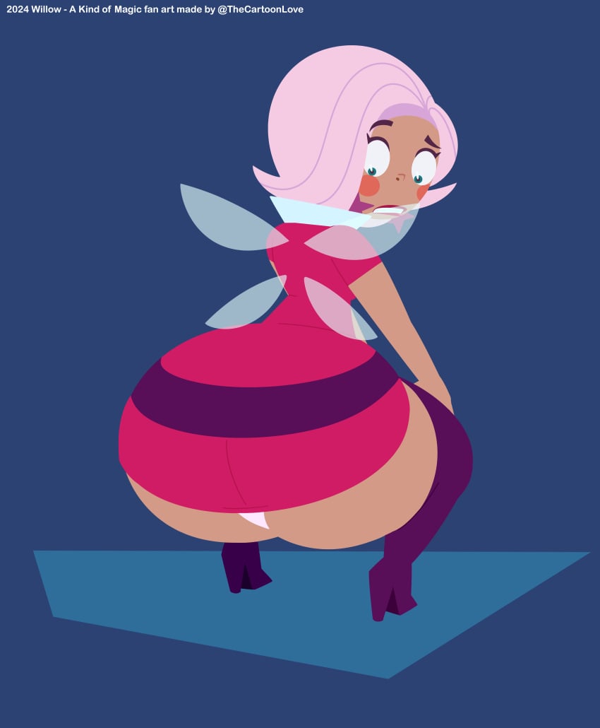 a_kind_of_magic big_ass big_butt clothed clothed_female fairy_wings looking_back looking_down milf miniskirt panties pink_hair simple_background skirt squatting the_cartoon_love thick_ass thick_hips thick_legs thick_thighs willow_(a_kind_of_magic) wings