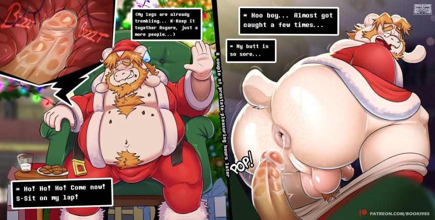 absurd_res anal anal_masturbation anal_sex anthro anus asgore_dreemurr ass balls beard belly big_belly big_butt blonde_hair bodily_fluids body_hair boss_monster_(undertale) bottomwear bottomwear_down bovid bulge butt_hair candy caprine chocolate chocolate_chip_cookie chocolate_chips christmas christmas_clothing christmas_headwear closed_eyes clothed clothing cookie costume cum cum_in_ass cum_inside dessert dialogue dildo dildo_in_ass dildo_insertion dildo_sitting dildo_vibrator el_booki english_text facial_hair food genital_fluids genitals glass_of_milk goat hair hat headgear headwear hi_res hidden_sex_toy holidays horn huge_butt internal male mammal masturbation mature_male milk obese obese_anthro obese_male object_in_ass overweight overweight_anthro overweight_male pants pants_down partially_clothed penetration plate santa_claus santa_costume santa_hat sex_toy sex_toy_in_ass sex_toy_insertion smile solo text text_box undertale_(series) url vibrator white_body