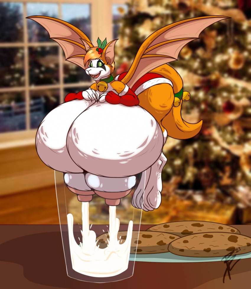 1girls anthro areolae ass bat_wings bell black_sclera brasslion breasts christmas christmas_outfit cookie cookies dust:_an_elysian_tail female female_focus female_only fidget_(elysian_tail) furry green_eyes hips hyper hyper_breasts hyper_lactation lactating lactating_in_glass lactating_nipples lactation large_ass large_breasts milk mistletoe necklace nipples nude nude_female thick_thighs thighs two_tone_fur white_fur wide_hips wings yellow_fur