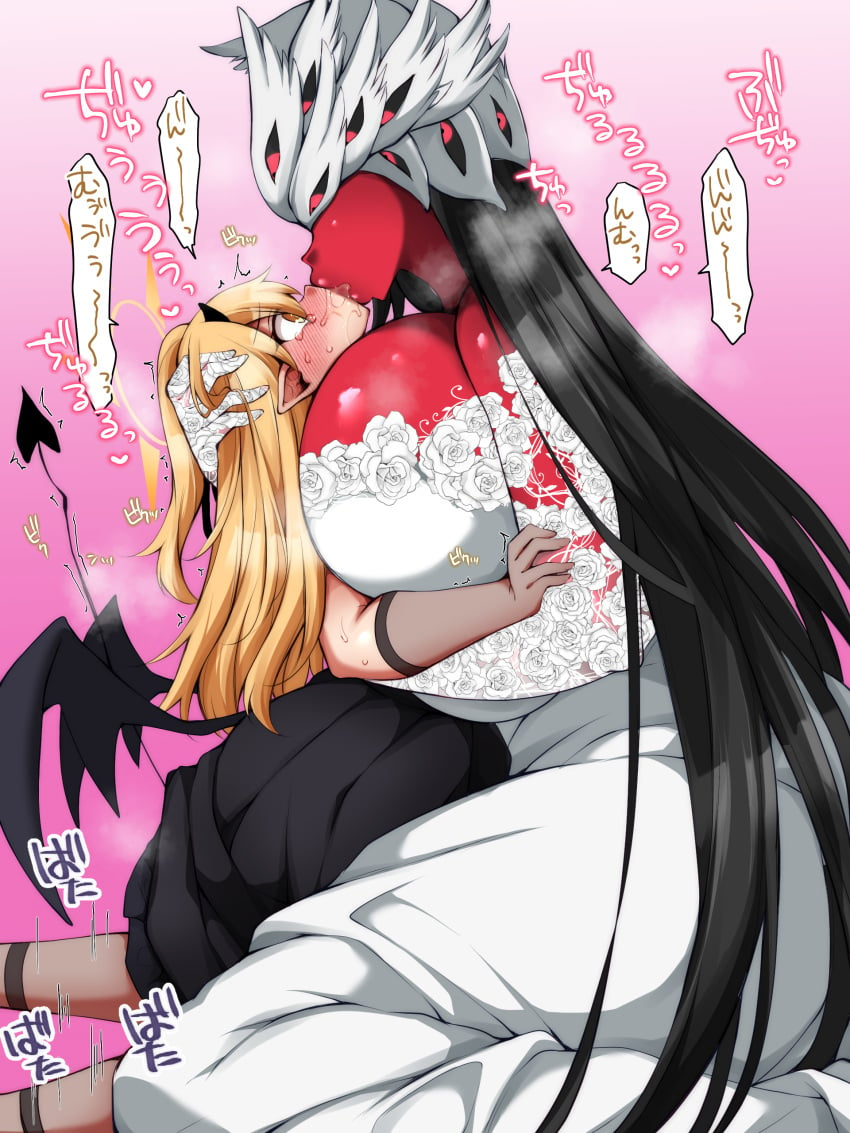 2024 2d 2d_(artwork) 2girls absurdres bear_hug beatrice_(blue_archive) big_breasts bigger_female black_dress black_hair blue_archive breasts colored_skin curvy curvy_female demon demon_girl demon_horns demon_tail demon_wings french_kiss full_color gehenna_academy_student gematria_(blue_archive) highres horn huge_breasts ibuki_(blue_archive) jenigata kissing light-skinned_female long_hair milf monster_girl multiple_girls older_woman_and_younger_girl pandemonium_society_(blue_archive) prey red_eyes red_skin saliva size_difference smaller_female steaming_body struggling tail tall_female tears vacuum_kiss very_long_hair white_dress yuri