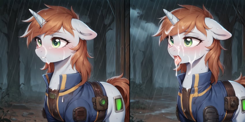 ai_generated before_and_after cum fallout_equestria green_eyes littlepip my_little_pony open_mouth pony rain short_hair solo tagme tongue unicorn